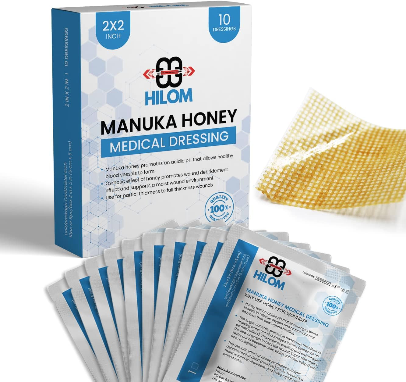 Medical Grade Manuka Honey Gauze Dressing 2 Inch X 2 Inch (5 Pack - Non-Adherent) | First Aid for Minor Wounds Such as Cuts or Advanced Wound Care of Bed Sores, Burns, or Lacerations