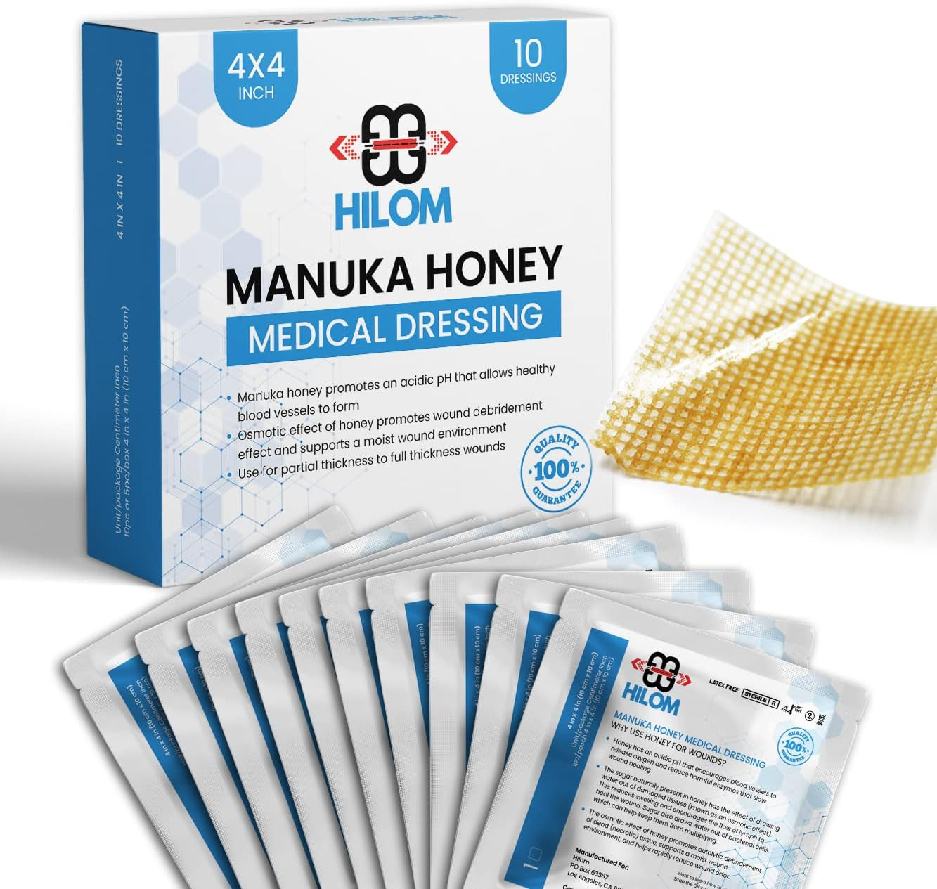 Medical Grade Manuka Honey Gauze Dressing 2 Inch X 2 Inch (5 Pack - Non-Adherent) | First Aid for Minor Wounds Such as Cuts or Advanced Wound Care of Bed Sores, Burns, or Lacerations