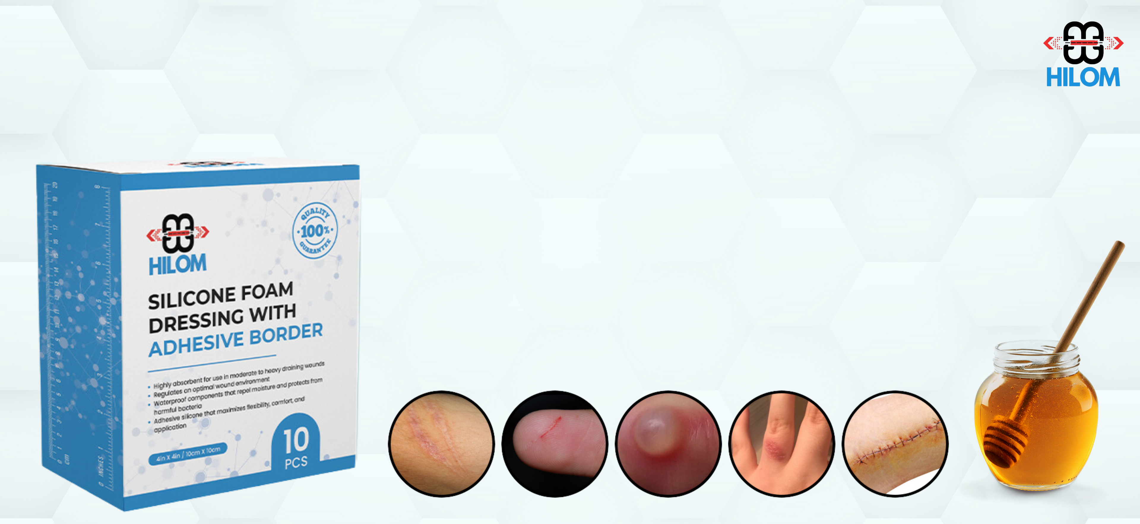  Silicon foam dressing and honey container with a honey stick next to it.