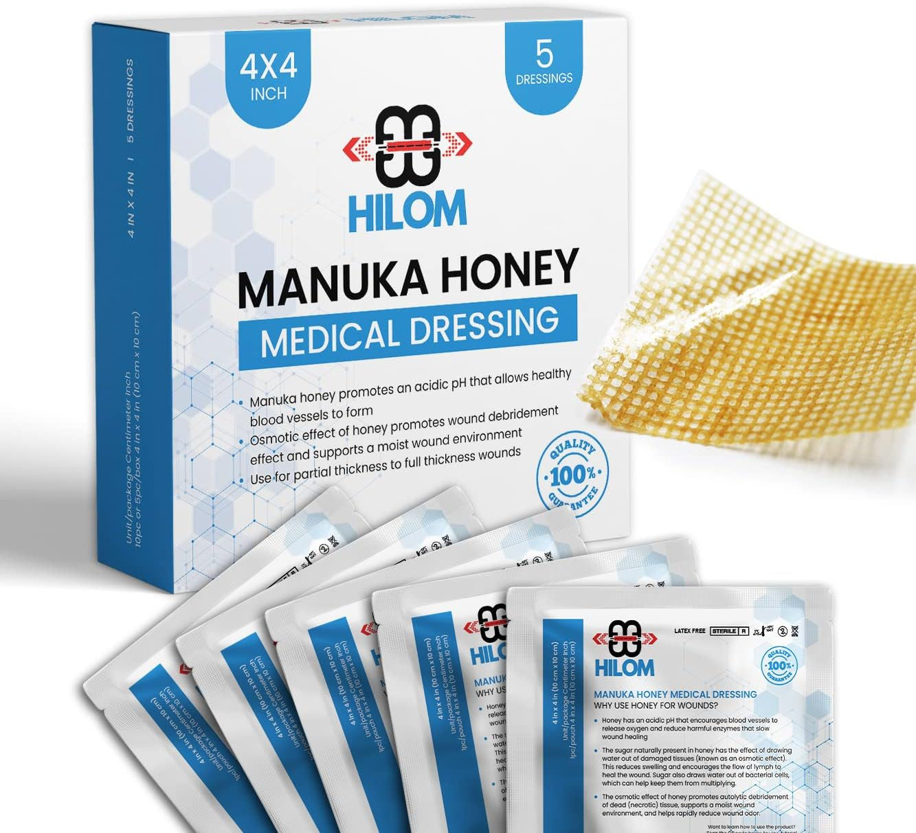 Medical Grade Manuka Honey Gauze Dressing 2 Inch X 2 Inch (5 Pack - Non-Adherent) | First Aid for Minor Wounds Such as Cuts or Advanced Wound Care of Bed Sores, Burns, or Lacerations