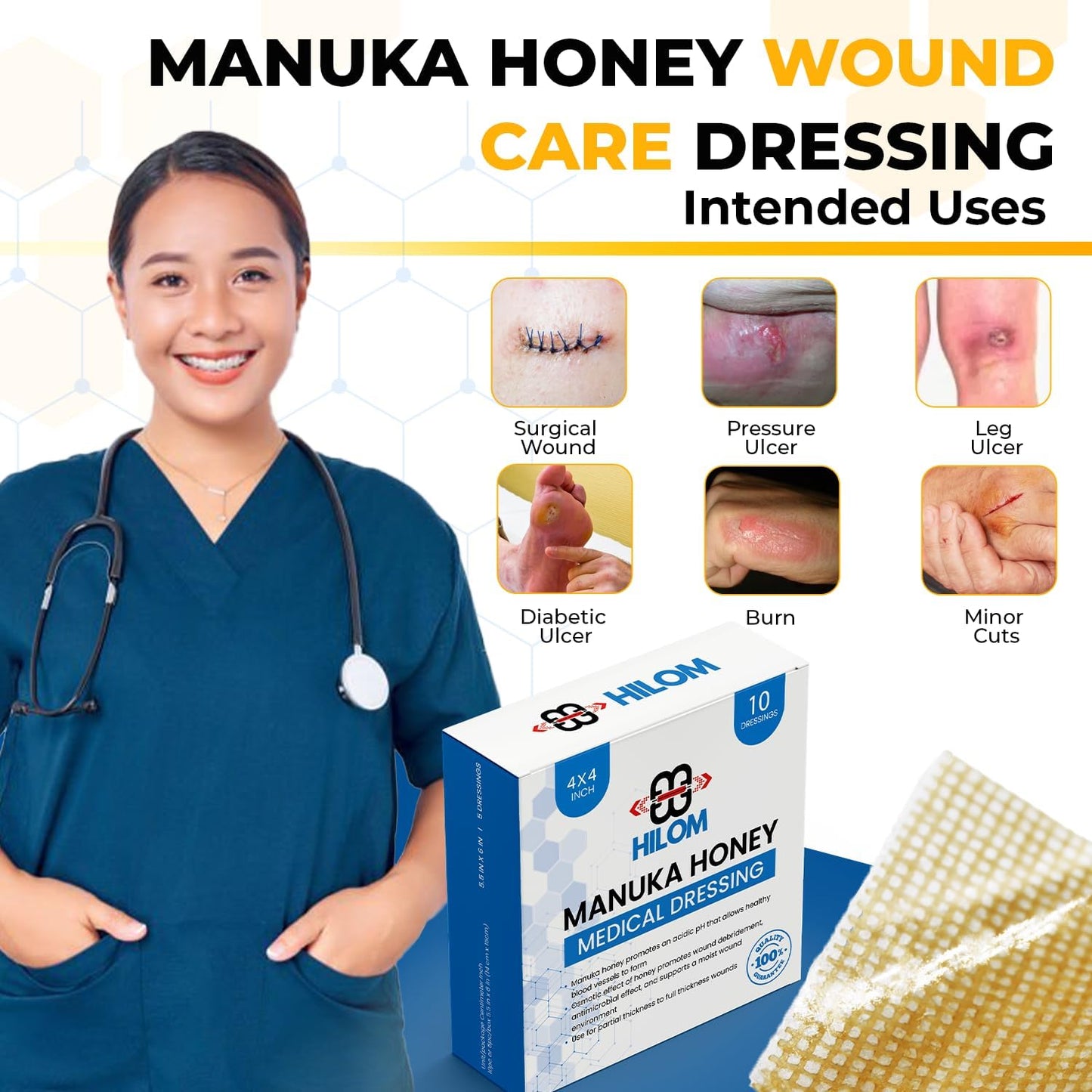 Medical Grade Manuka Honey Gauze Dressing 2 Inch X 2 Inch (5 Pack - Non-Adherent) | First Aid for Minor Wounds Such as Cuts or Advanced Wound Care of Bed Sores, Burns, or Lacerations